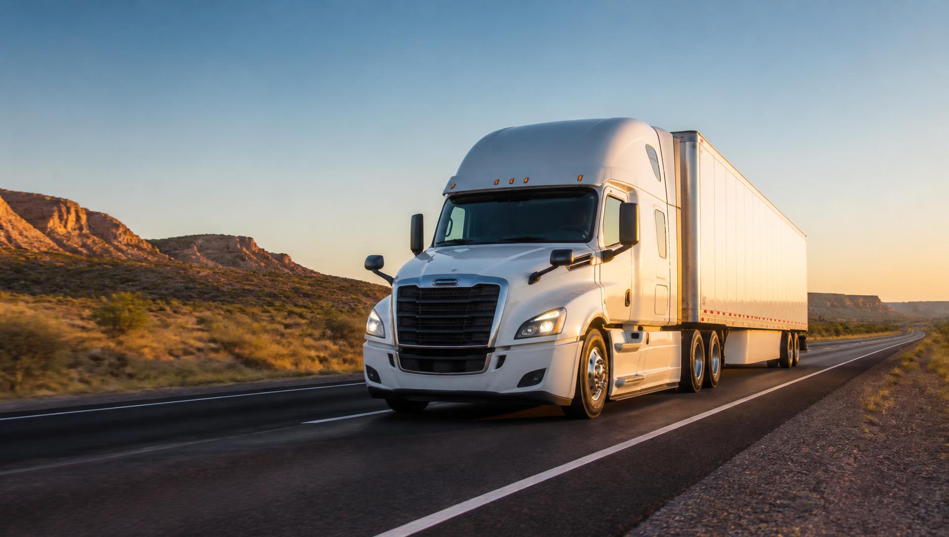 Class 8 semi truck traveling a Texas highway at sunrise
